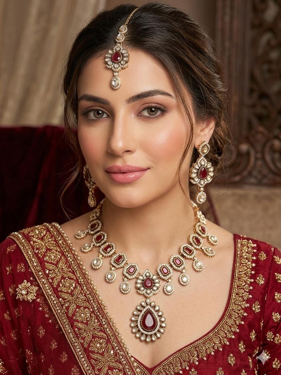 ZEYA Ruby red Kundan and cz zircon Choker necklace earrings and maangtika,Indian Pakistani traditional jewelery in Victorian style