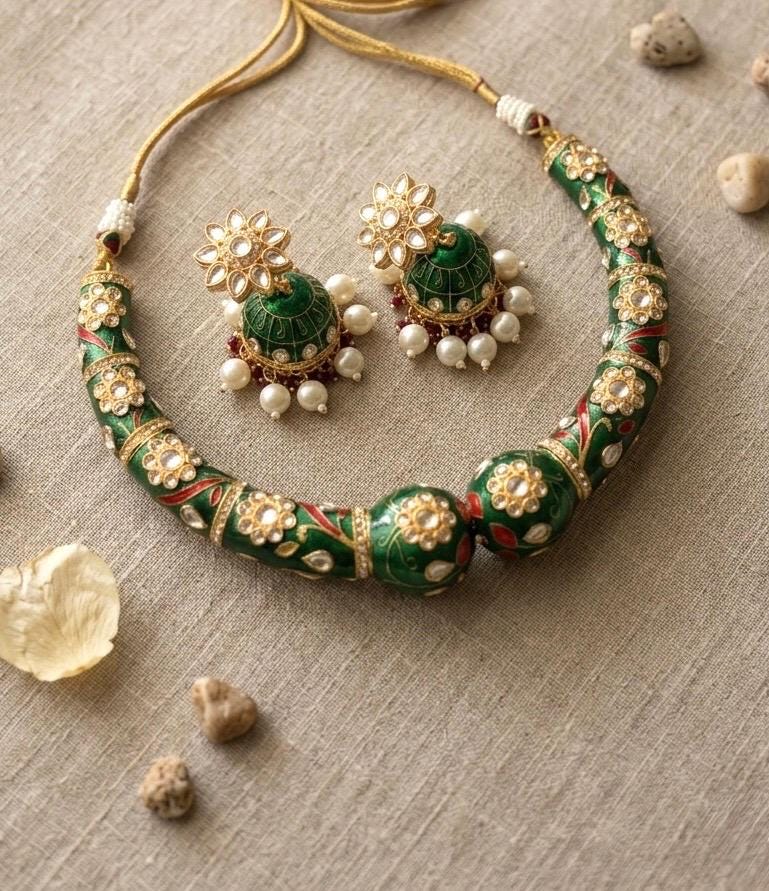 KANIKA Emerald Green Meenakari hasli  necklace with matching jhumka earrings, Indian traditional and festive jewelry, Rajwada jewelry