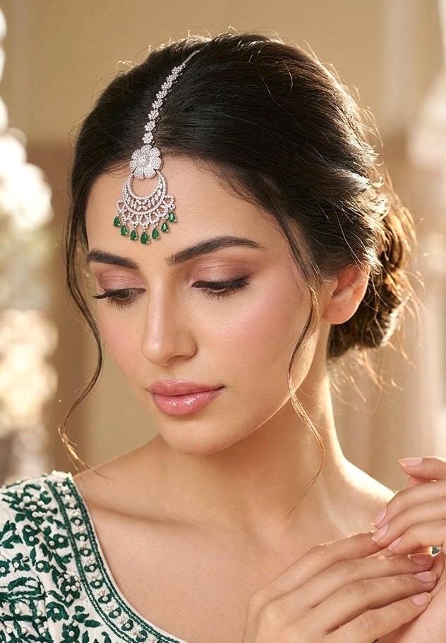 ISHA Diamond look silver finish green colour maangtika  Indian Jewellery Pakistani Wedding Bridal CZ  maang tikka green colour maangteeka