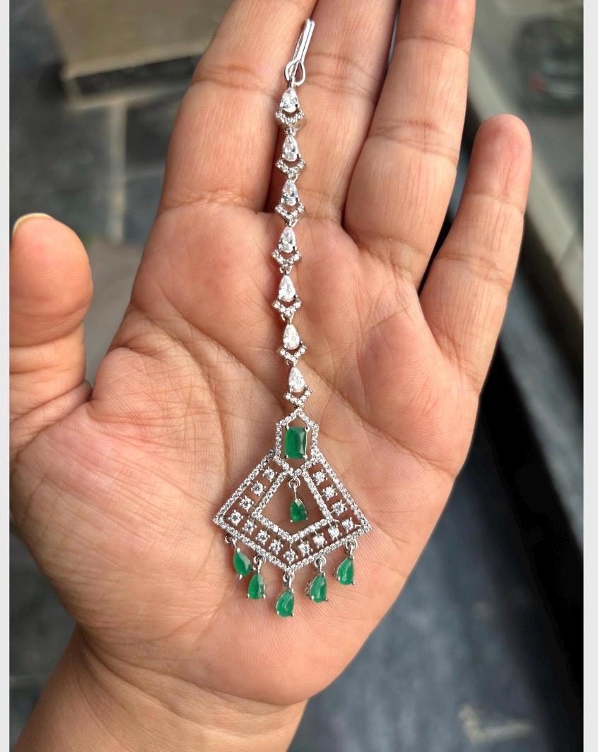 ISHA Diamond look silver finish green colour maangtika,Indian Pakistani Wedding jewelry, Bridal CZ  green colour maangtikka