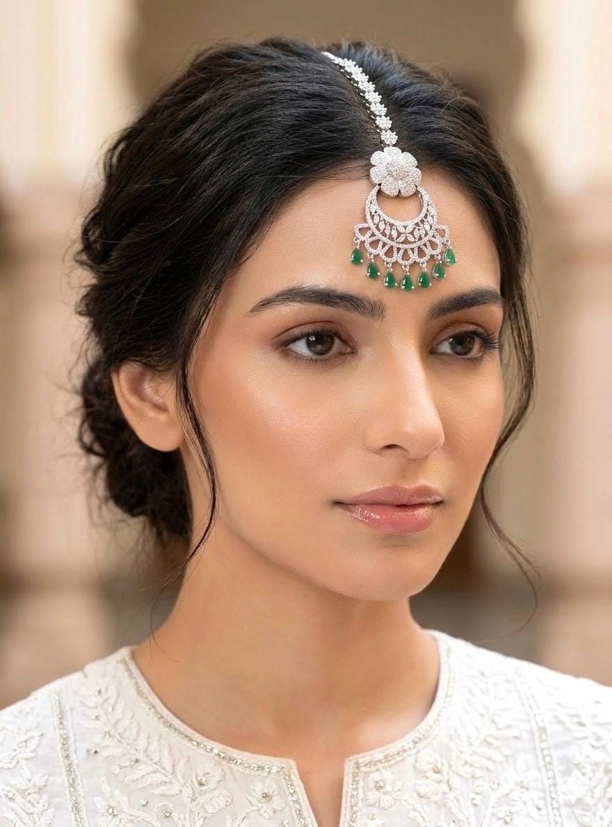 ISHA Diamond look silver finish green colour maangtika  Indian Jewellery Pakistani Wedding Bridal CZ  maang tikka green colour maangteeka