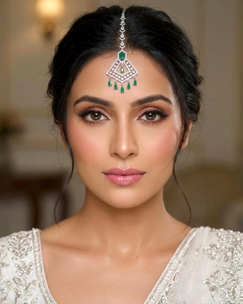 ISHA Diamond look silver finish green colour maangtika,Indian Pakistani Wedding jewelry, Bridal CZ  green colour maangtikka