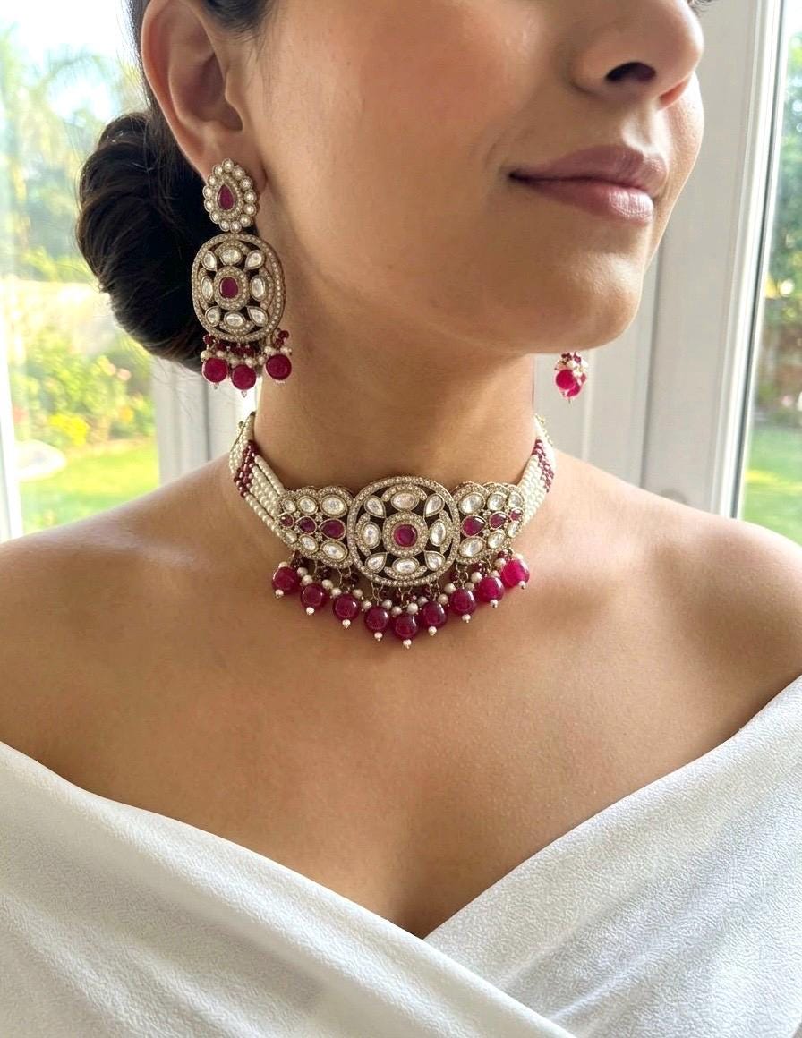 PRISHA Ruby red choker set in golden polish ,Indian Pakistani kundan and moissanite replica festive jewelry