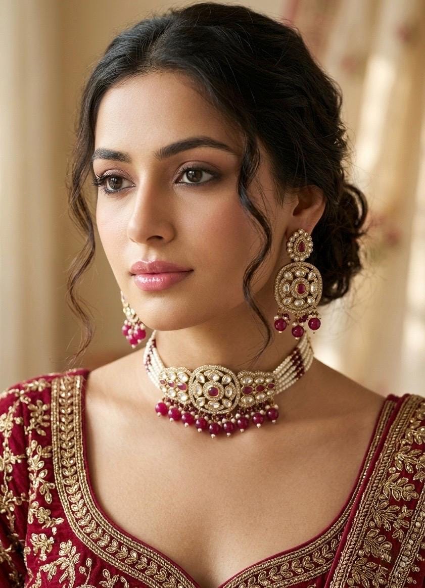 PRISHA Ruby red choker set in golden polish ,Indian Pakistani kundan and moissanite replica festive jewelry