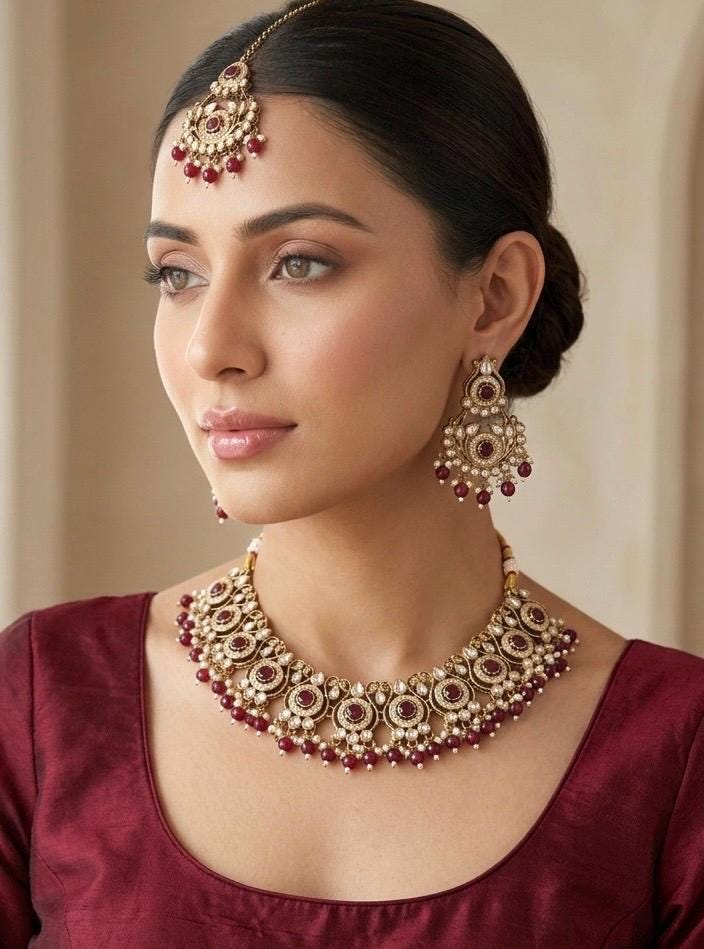 ZAKIRA Deep Ruby cz kundan and moissanite replica Necklace set with maangtika , Indian Pakistani wedding bridal jewelry