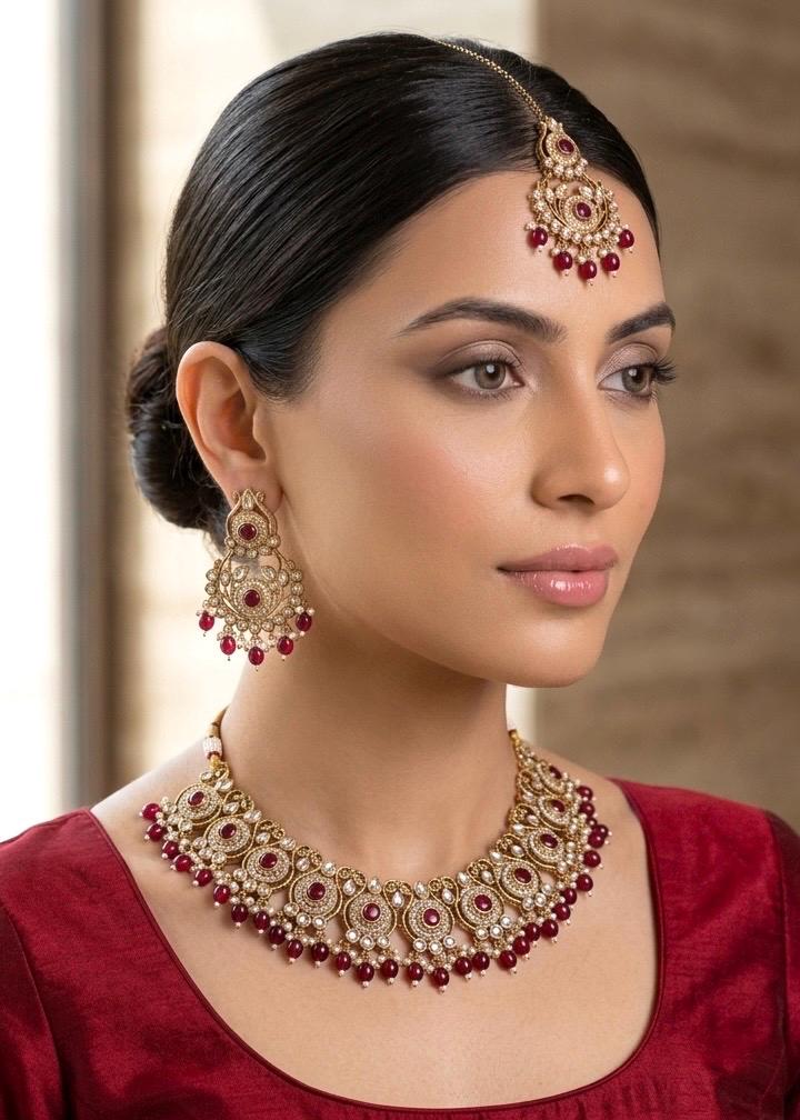 ZAKIRA Deep Ruby cz kundan and moissanite replica Necklace set with maangtika , Indian Pakistani wedding bridal jewelry