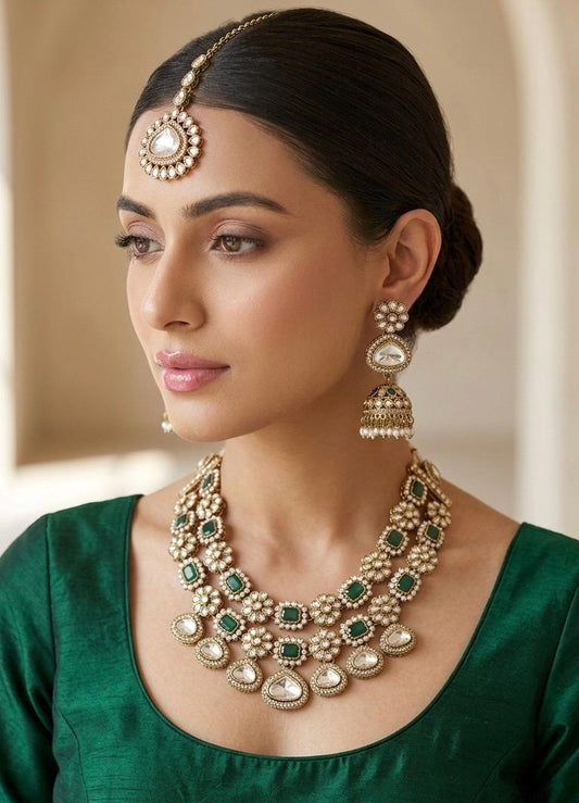 ILISHA Emerald green Kundan and moissanite replica two layer necklace set with Maangtika, Indian Pakistani wedding and festive jewelry