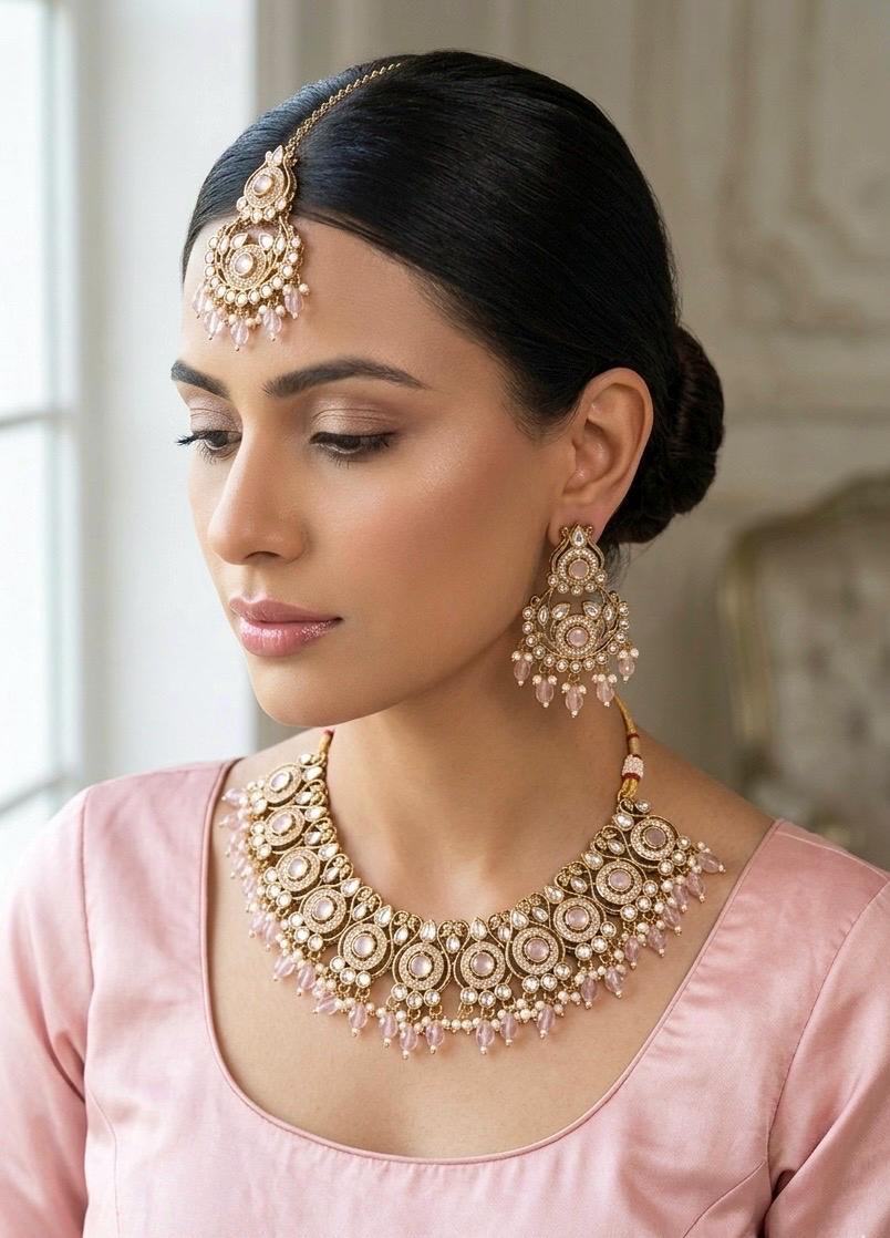ZAKIRA light pink cz kundan and moissanite replica Necklace set with maangtika , Indian Pakistani wedding bridal jewelry