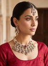 IFRA Deep ruby red Kundan and moissanite replica necklace set with Maangtika, Indian Pakistani Ruby colour wedding bridal jewelry