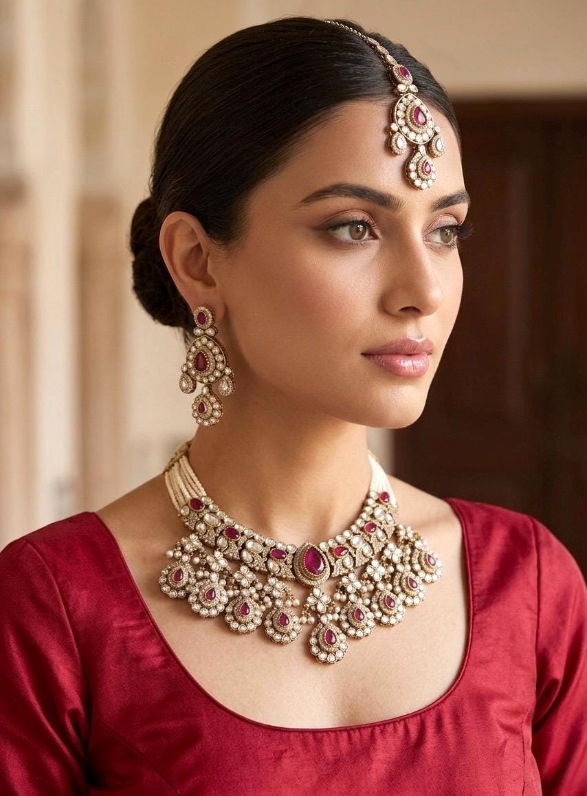 IFRA Deep ruby red Kundan and moissanite replica necklace set with Maangtika, Indian Pakistani Ruby colour wedding bridal jewelry