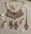 IFRA Deep ruby red Kundan and moissanite replica necklace set with Maangtika, Indian Pakistani Ruby colour wedding bridal jewelry