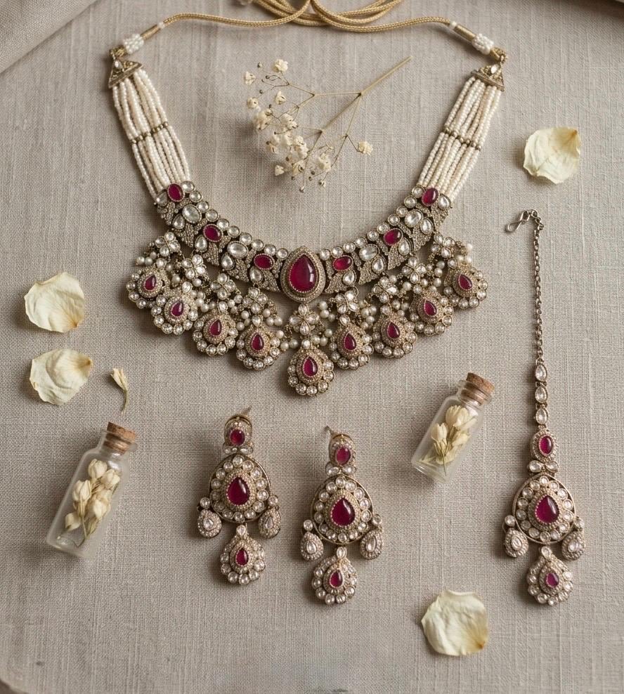 IFRA Deep ruby red Kundan and moissanite replica necklace set with Maangtika, Indian Pakistani Ruby colour wedding bridal jewelry