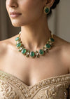 AZA Sabyasachi inspired sage green cabochon natural gemstones necklace with studs, Indian traditional jewelry,