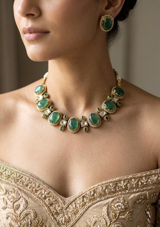 AZA Sabyasachi inspired sage green cabochon natural gemstones necklace with studs, Indian traditional jewelry,