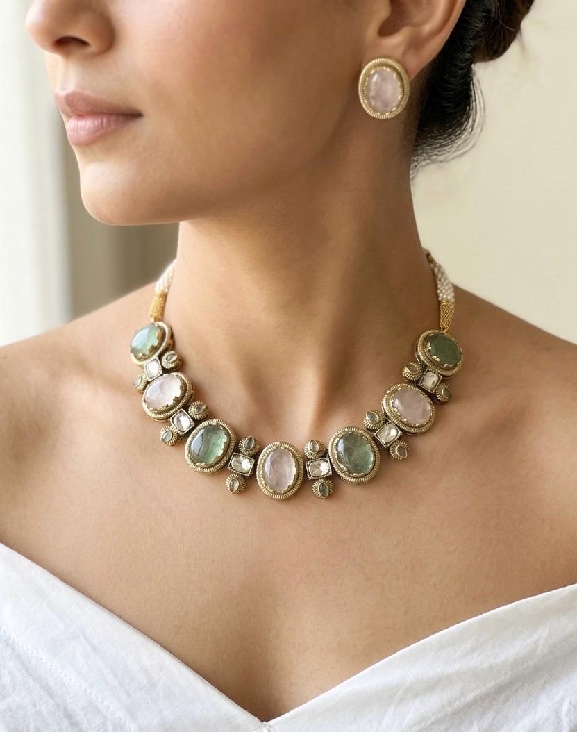 AZA Sabyasachi inspired rose quartz and pale green cabochon natural gemstones necklace with studs, Indian traditional jewelry,
