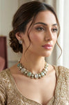 AZA Sabyasachi inspired rose quartz and pale green cabochon natural gemstones necklace with studs, Indian traditional jewelry,