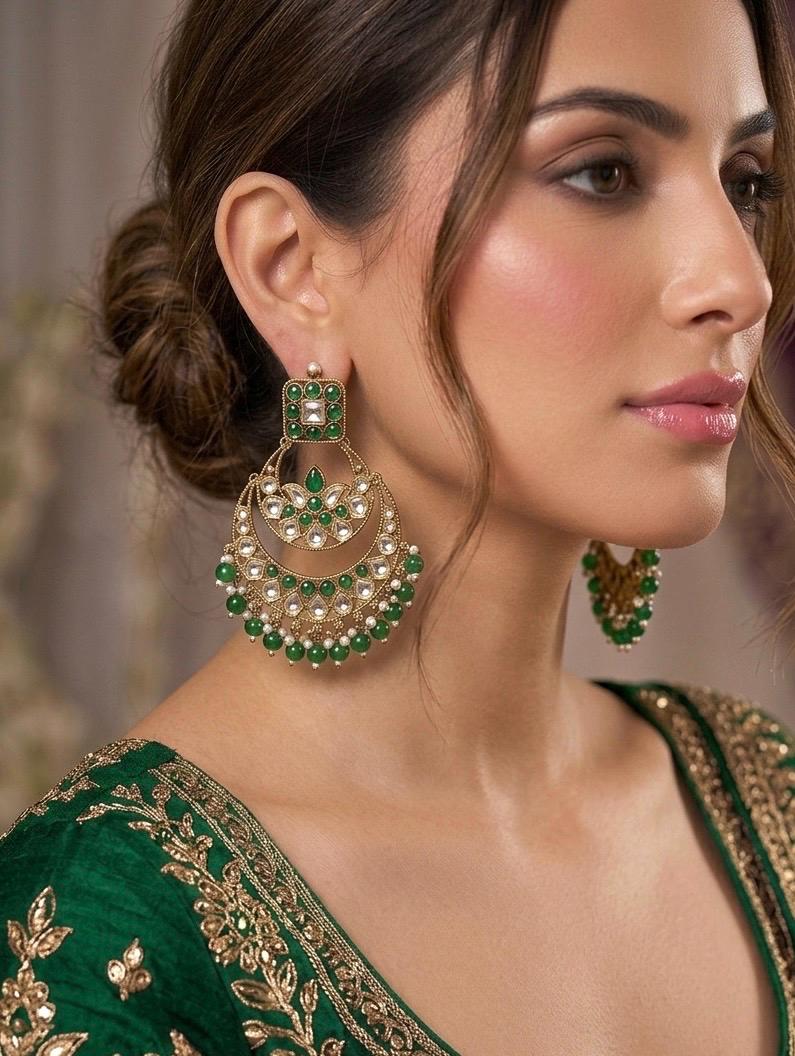 RASIKA green kundan chandbali / Bollywood earrings / Pakistani Wedding bridal / Indian Diwali jewelry/