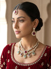 VANISHA mint ruby kundan and moissanite replica necklace set with maangtika ,Indian Pakistani wedding jewelry in antique golden polish