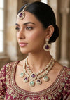 VANISHA mint ruby kundan and moissanite replica necklace set with maangtika ,Indian Pakistani wedding jewelry in antique golden polish