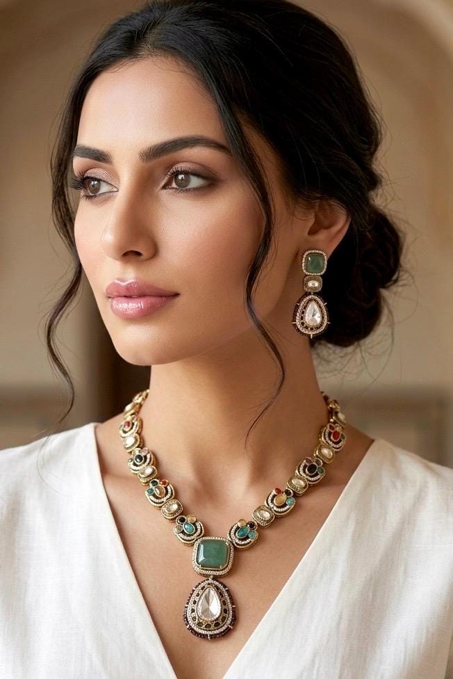 ROOHI Sabyasachi inspired multicoloured cabochon natural gemstones necklace with matching earrings,Indian traditional Navratna style jewelry