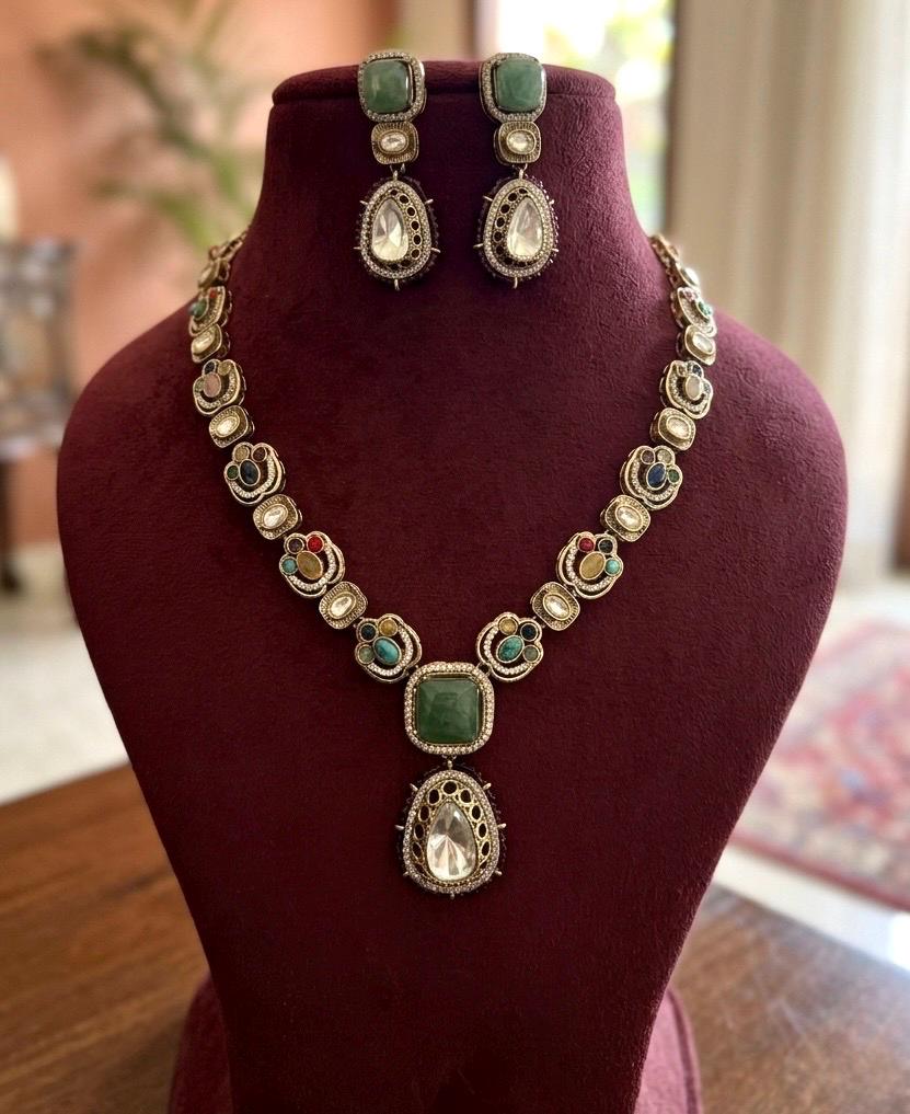 ROOHI Sabyasachi inspired multicoloured cabochon natural gemstones necklace with matching earrings,Indian traditional Navratna style jewelry