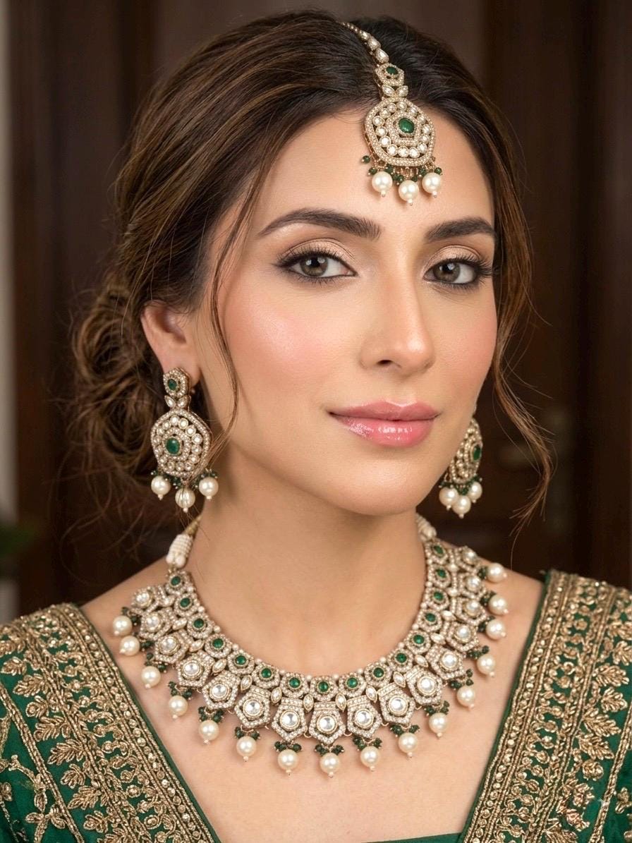 AYANA Green Kundan and moissanite replica necklace set with Maangtika, Indian Pakistani traditional green colour wedding bridal jewelry