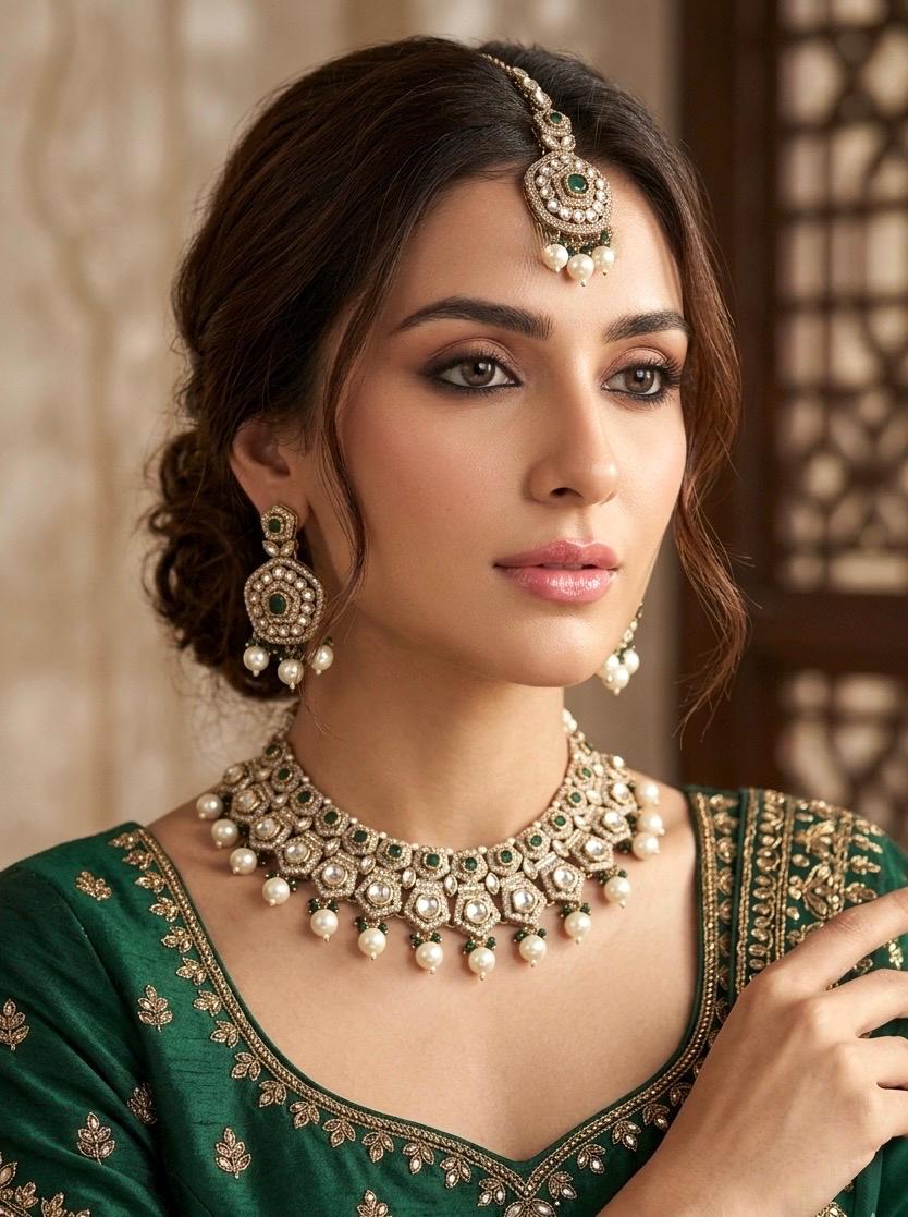 AYANA Green Kundan and moissanite replica necklace set with Maangtika, Indian Pakistani traditional green colour wedding bridal jewelry