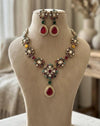 INARA Sabyasachi inspired Antique Gold Multi-Gemstone Necklace Set with Ruby red Drops,Indian Handcrafted Navratna-Style Jewelry