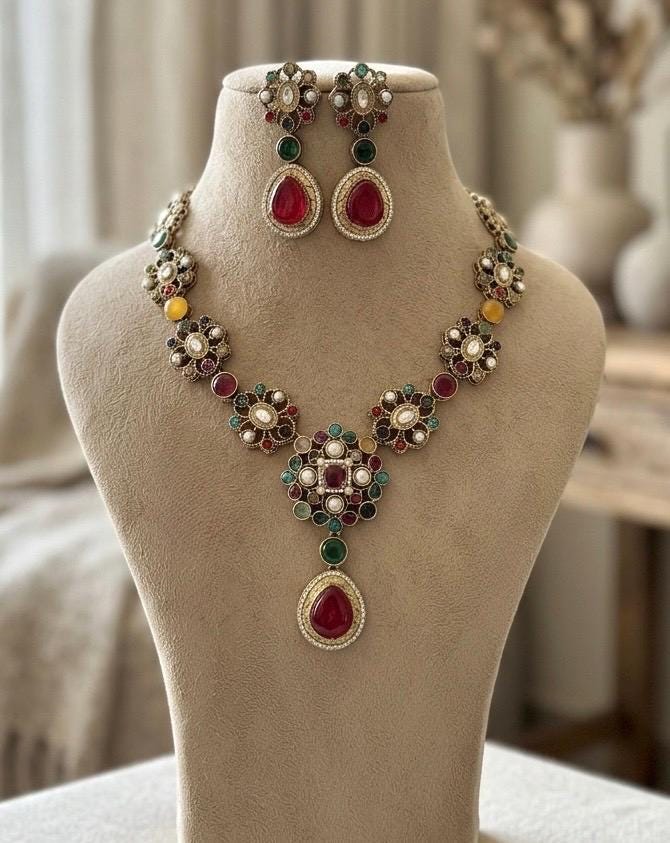 INARA Sabyasachi inspired Antique Gold Multi-Gemstone Necklace Set with Ruby red Drops,Indian Handcrafted Navratna-Style Jewelry