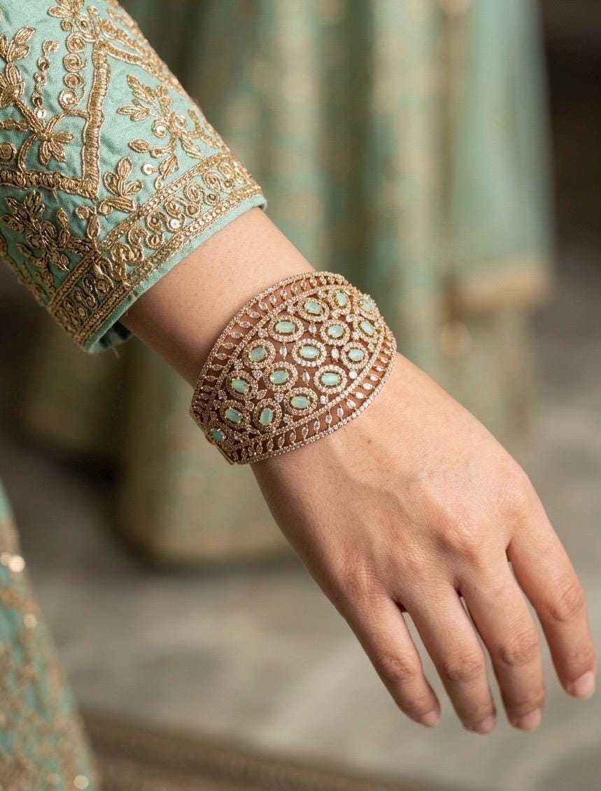 TIA mint bracelet in antique golden polish,cz zircon openable bracelet,American diamond mint colour bangle bracelet