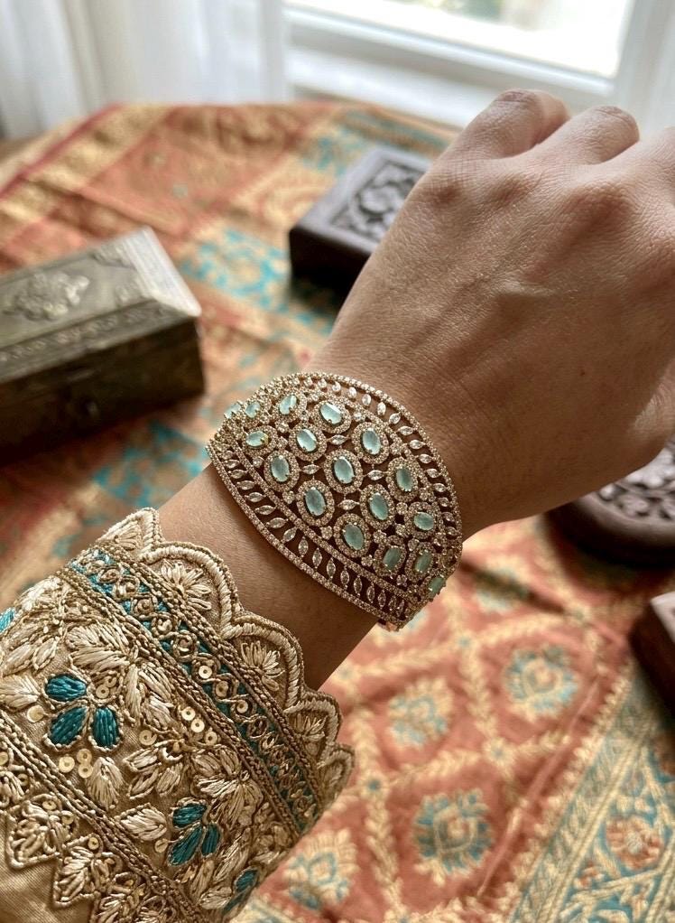 TIA mint bracelet in antique golden polish,cz zircon openable bracelet,American diamond mint colour bangle bracelet