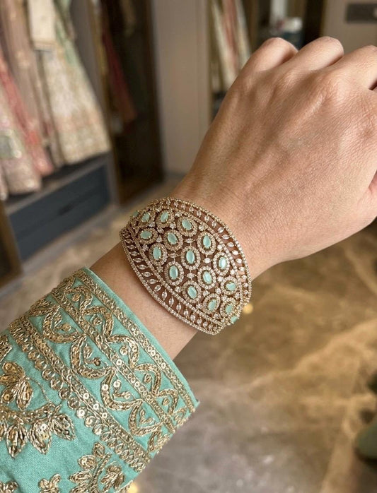 TIA mint bracelet in antique golden polish,cz zircon openable bracelet,American diamond mint colour bangle bracelet
