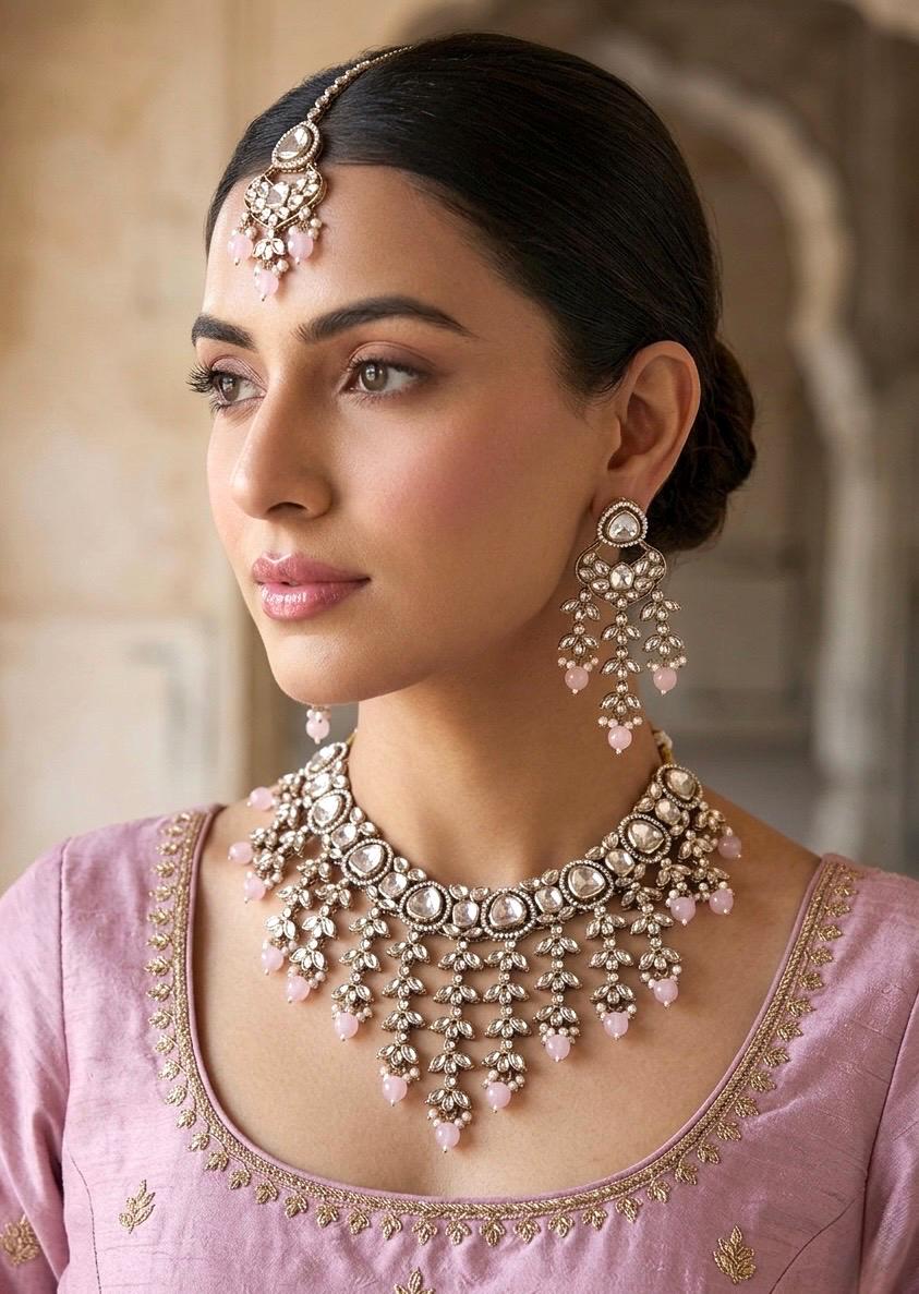 ZUBAIRA Light Pink kundan necklace  set in Victorian style, Indian Pakistani wedding bridal jewellery, Maangtika included