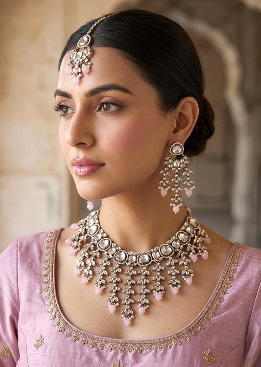 ZUBAIRA Light Pink kundan necklace  set in Victorian style, Indian Pakistani wedding bridal jewellery, Maangtika included