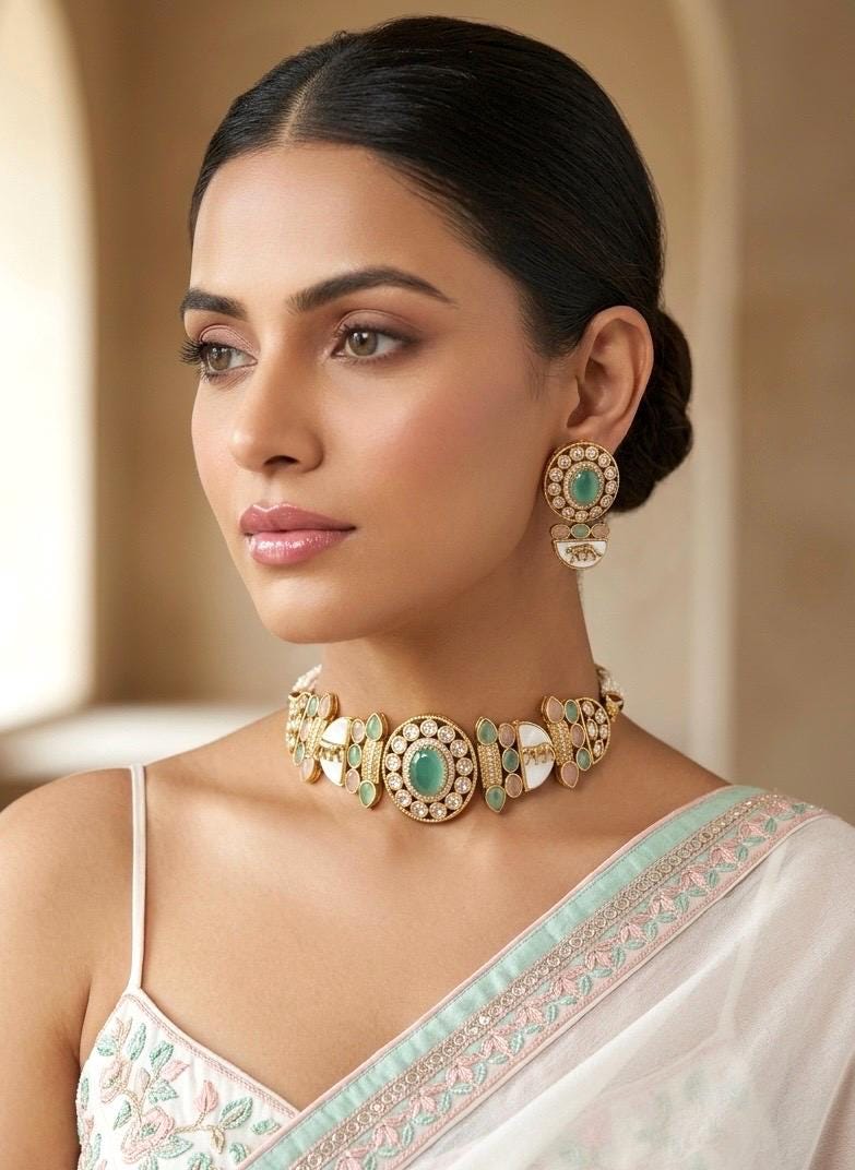 NIYA Mint pink Sabyasachi inspired  kundan choker with Earrings, Indian Pakistani traditional wedding jewelry, mint pink colour necklace set