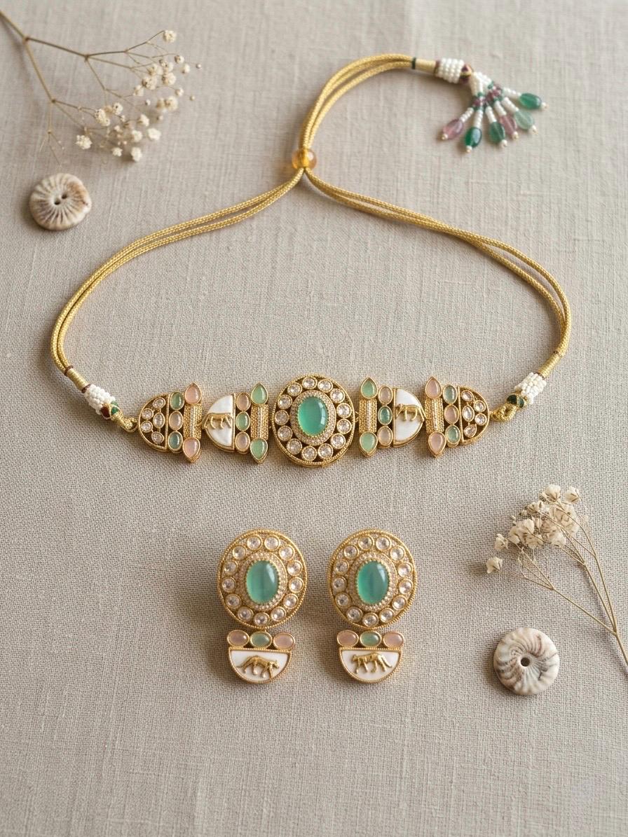 NIYA Mint pink Sabyasachi inspired  kundan choker with Earrings, Indian Pakistani traditional wedding jewelry, mint pink colour necklace set
