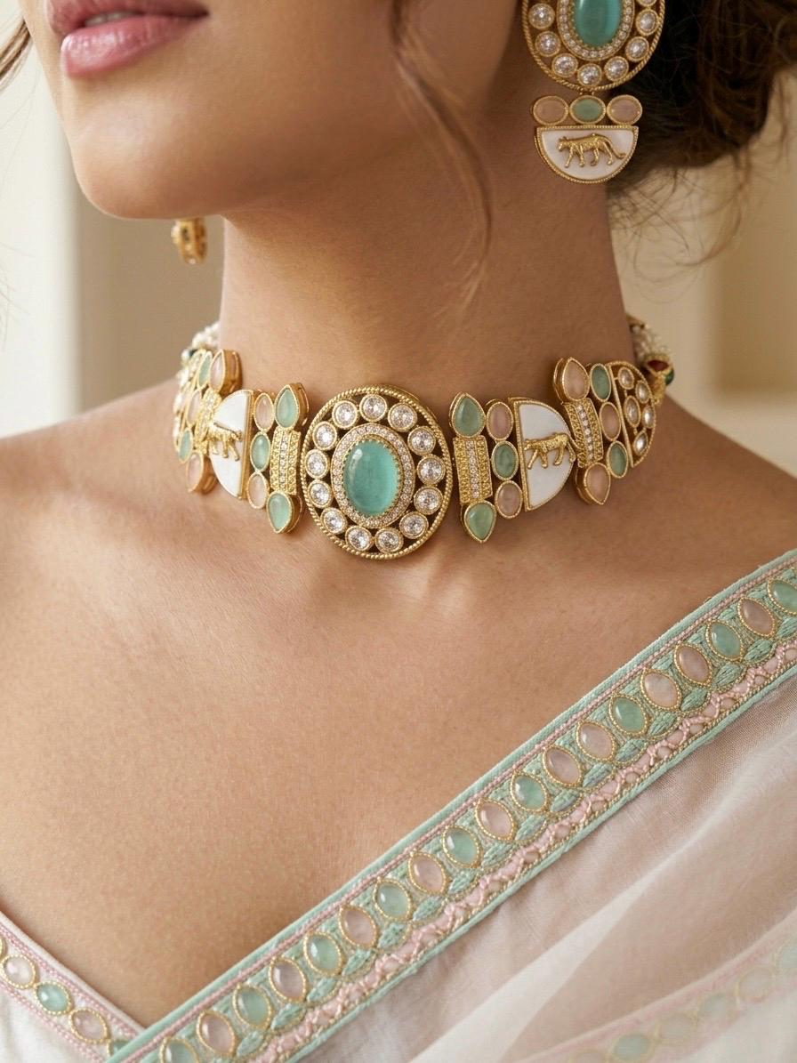 NIYA Mint pink Sabyasachi inspired  kundan choker with Earrings, Indian Pakistani traditional wedding jewelry, mint pink colour necklace set