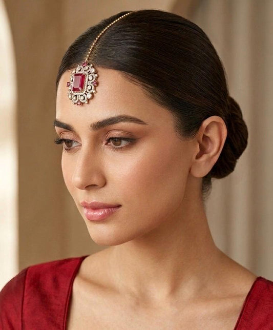 HANIA Ruby red doublet stone maangtika, Indian bridal jewelry