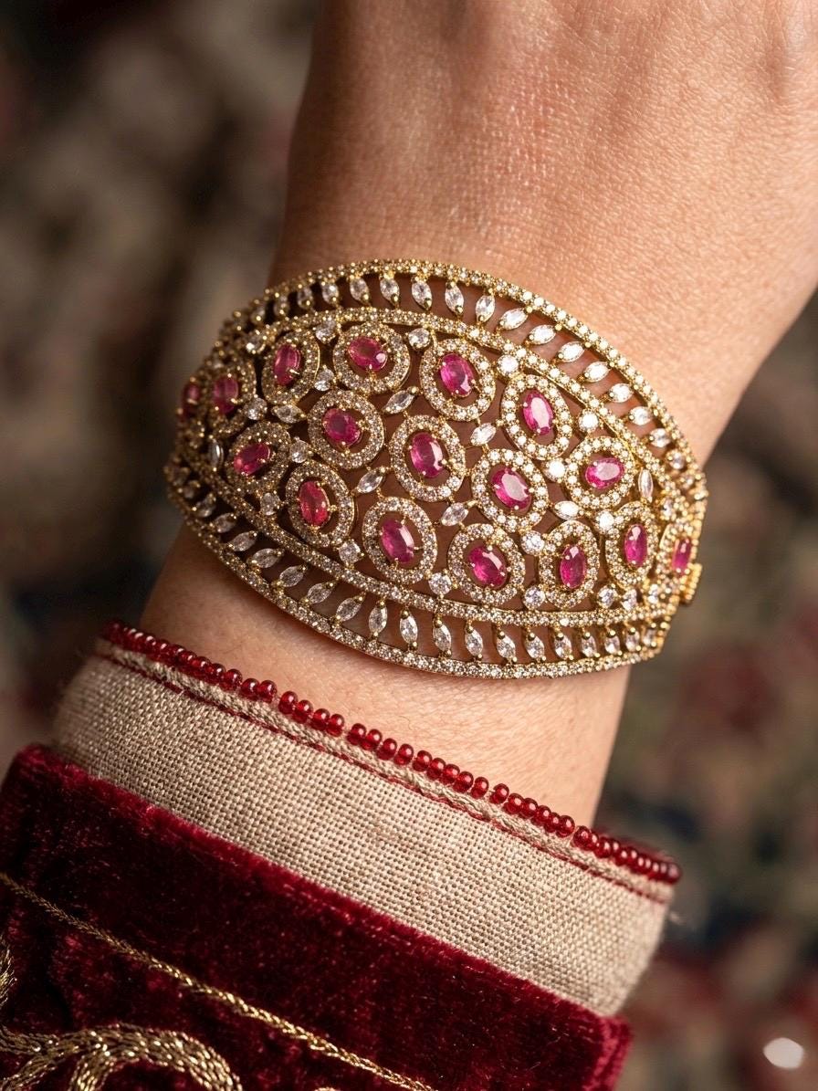 TIA pinkish red stones bracelet in antique golden polish,cz zircon openable  bracelet,American diamond pink colour bangle bracelet