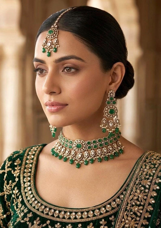 PARINAZ Emerald green Premium quality Moissanite and kundan Necklace set, Indian Pakistani wedding bridal uncut polki jewelry with maangtika