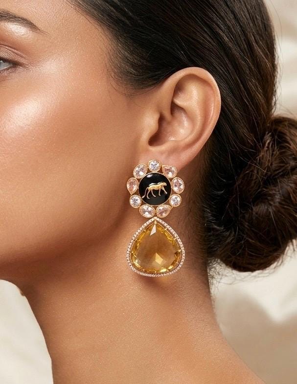 AMELIA Sabyasachi inspired Deep yellow  earrings in antique matt gold finish, Indian fusion earrings , indo western jewelry