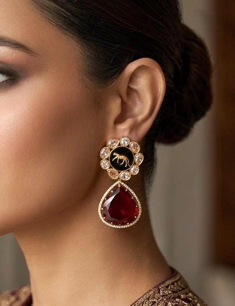 AMELIA Sabyasachi inspired Deep ruby red  earrings in antique matt gold finish, Indian fusion earrings , indo western jewelry