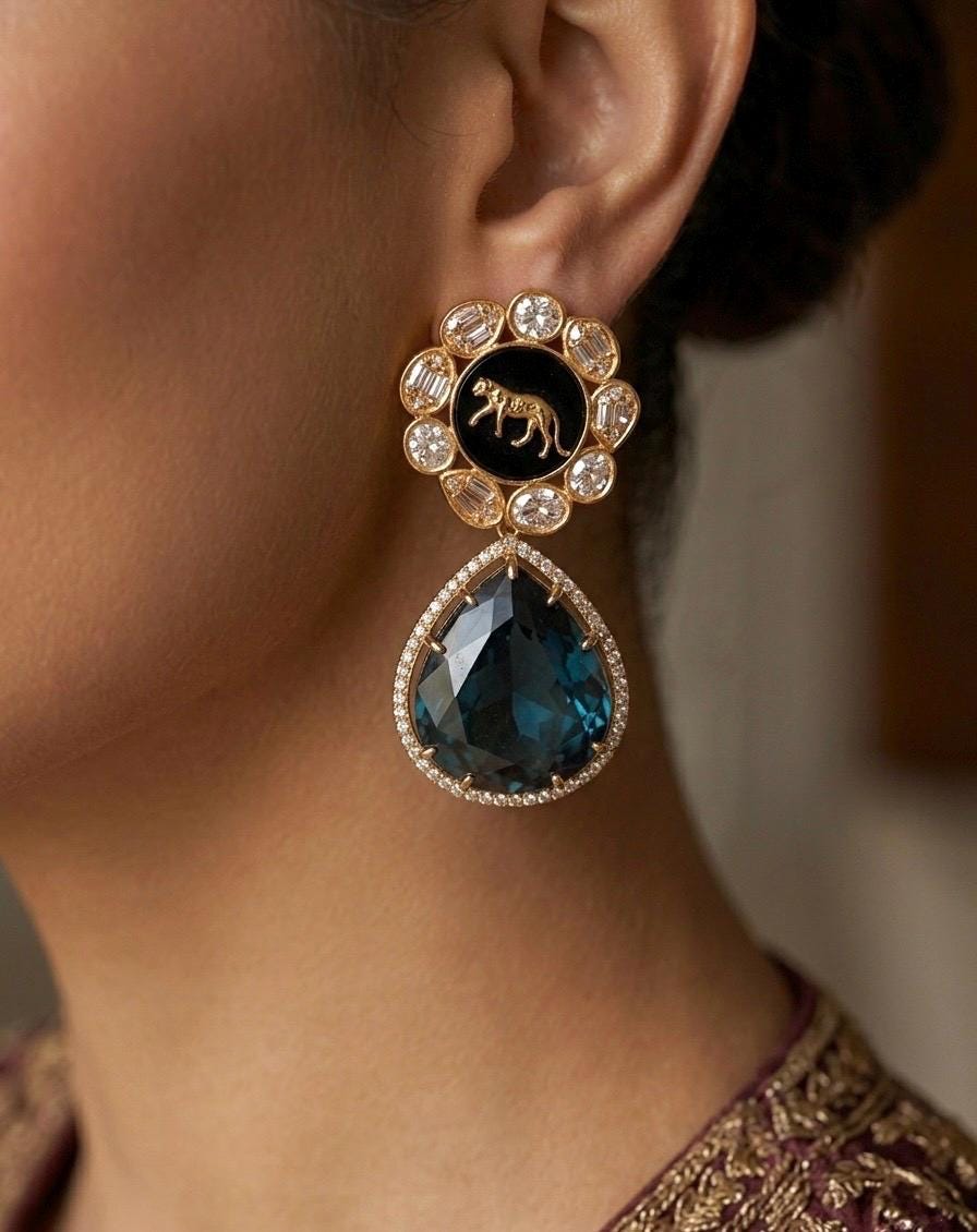 AMELIA Sabyasachi inspired Deep midnight blue earrings in antique matt gold finish, Indian fusion earrings , indo western jewelry