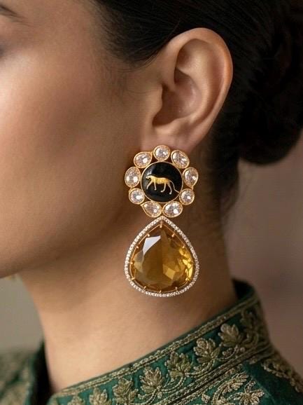 AMELIA Sabyasachi inspired Deep yellow  earrings in antique matt gold finish, Indian fusion earrings , indo western jewelry