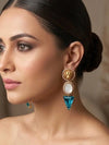 CLEO Sabyasachi inspired peacock blue/ turquoise blue earrings in antique matt gold finish and mother of pearl stones,Indian fusion earrings