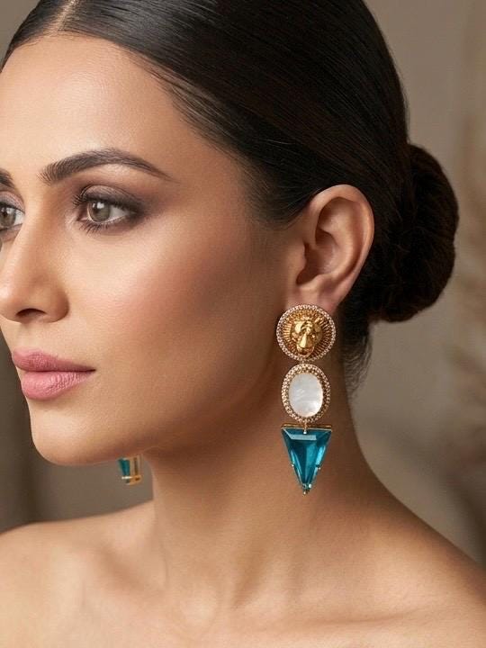 CLEO Sabyasachi inspired peacock blue/ turquoise blue earrings in antique matt gold finish and mother of pearl stones,Indian fusion earrings