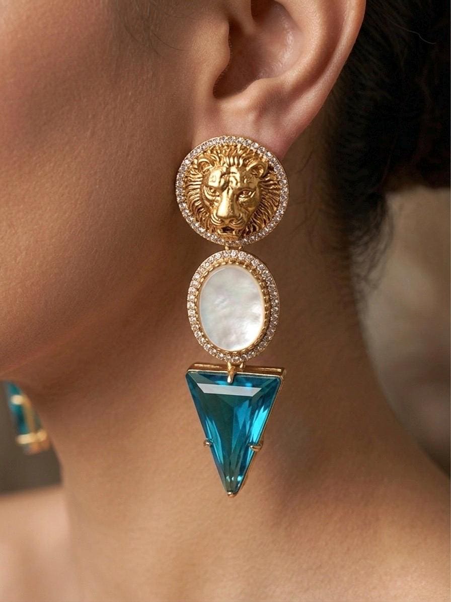 CLEO Sabyasachi inspired peacock blue/ turquoise blue earrings in antique matt gold finish and mother of pearl stones,Indian fusion earrings