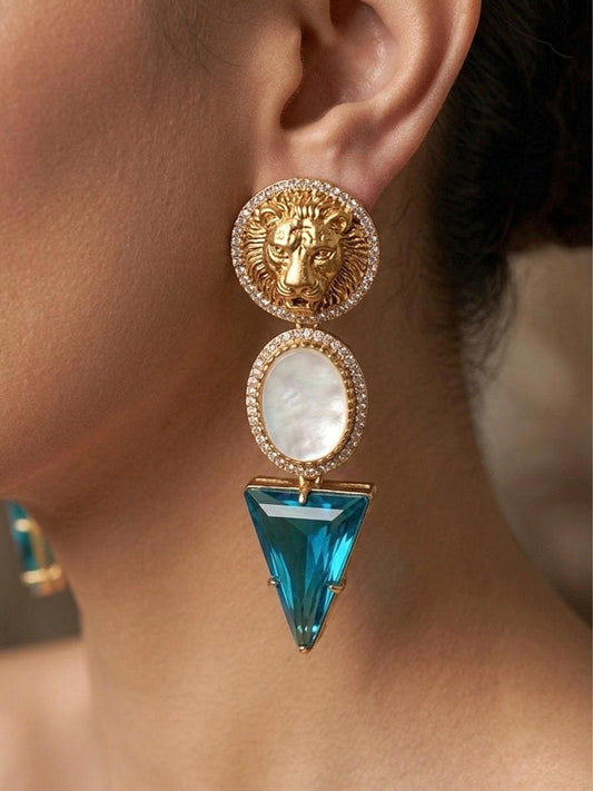 CLEO Sabyasachi inspired peacock blue/ turquoise blue earrings in antique matt gold finish and mother of pearl stones,Indian fusion earrings