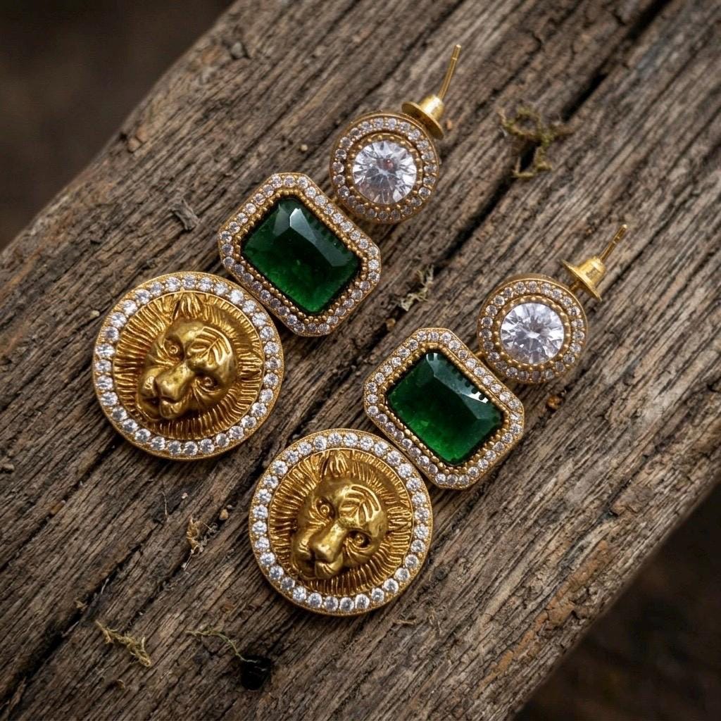 MIA Sabyasachi inspired emerald green earrings in antique gold matt finish , Indian fusion earrings , indo western jewelry