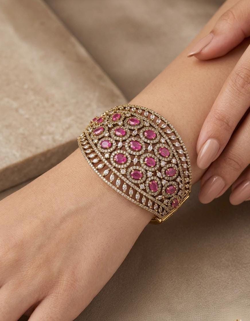 TIA pinkish red stones bracelet in antique golden polish,cz zircon openable  bracelet,American diamond pink colour bangle bracelet